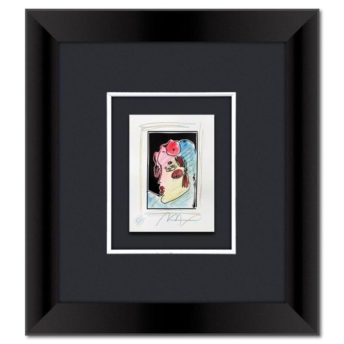 Peter Max, "Lady with Profile and Flowers II" Framed One-of-a-Kind Mixed Media, Hand Signed with: Lady with Profile and Flowers II is a one-of-a-kind mixed media on paper, hand signed by Peter Max. The piece comes custom framed with a backside cutout to display Peter Max Studio registration number