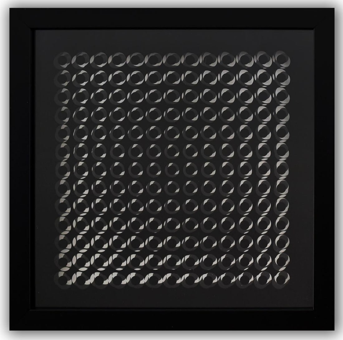 Victor Vasarely- 3D Wall Sculpture/object "Cinetiques": Artist: Victor Vasarely. Medium: 3D Wall Sculpture/object. Title: Cinetiques. Size: 10" x 10". Measures approx. 12" x 12" (framed). Additional: Custom Framed. 2 layers- Top layer printed on clear Luci