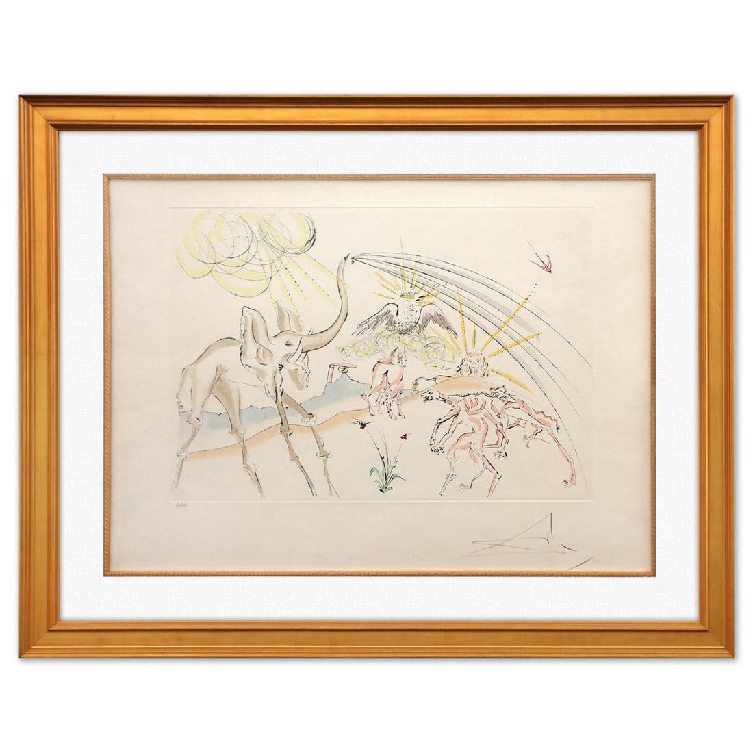 Salvador Dali- Original Lithograph "The Animals Ill with the Plague": Artist: Salvador Dali. Medium: Original Lithograph. Title: The Animals Ill with the Plague. Size: 21" x 29". Measures approx. 30" x 38" (framed). Signature: Hand signed and numbered. Certificate of Au