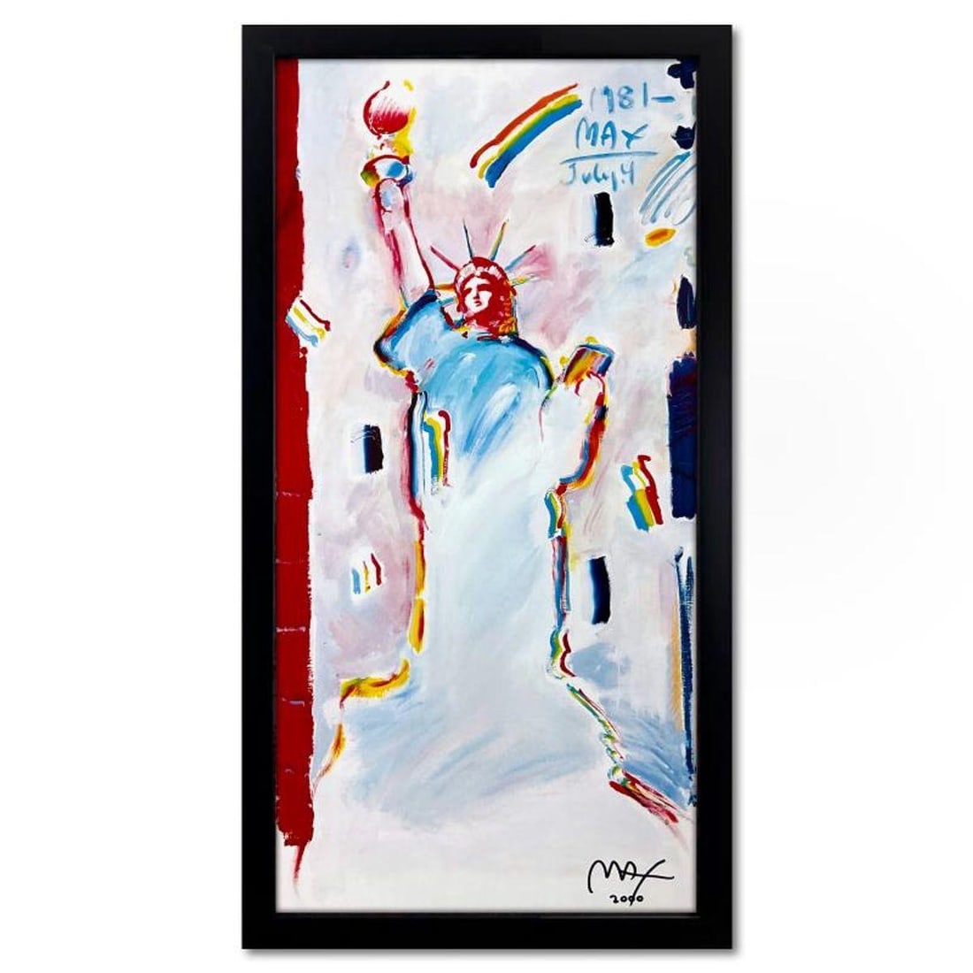 Peter Max, "Statue of Liberty II" Framed Hand Signed Offset Lithograph with Letter of Authenticity.: Statue of Liberty II is an offset lithograph on paper by Peter Max, hand signed by the artist. This piece comes custom framed. Includes Letter of Authenticity. Measures approx. 36.5" x 20" (frame), 32