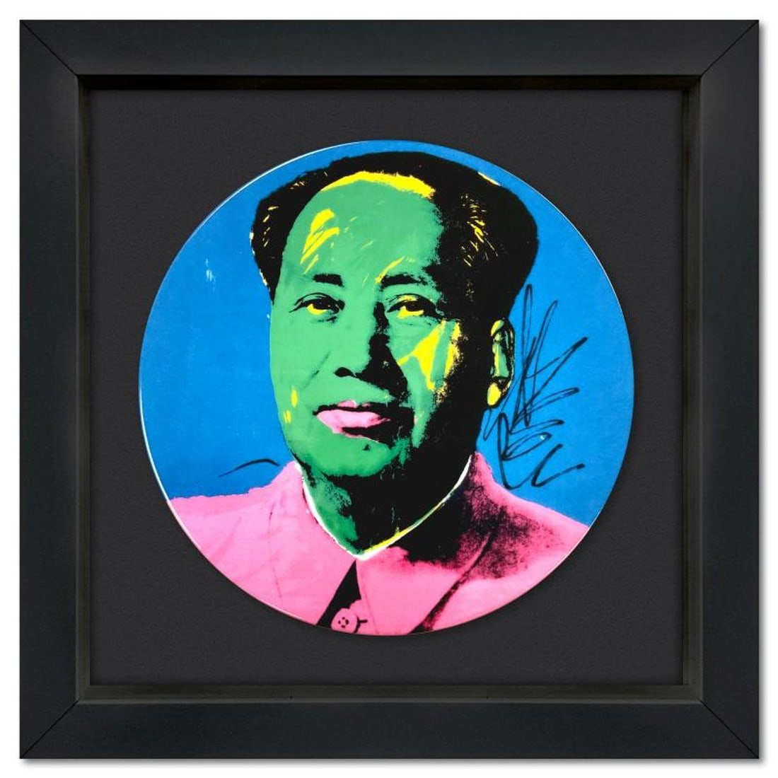 Andy Warhol (1928-1987), "MAO (Pink Jacket)" Framed Limoges Porcelain Plate.: MAO (Pink Jacket) is a Limoges porcelain plate bearing the plate signature inverso of Andy Warhol (1928-1987). This plate is custom framed and floated on linen. Measures approx. 13.5" x 13.5" (frame),