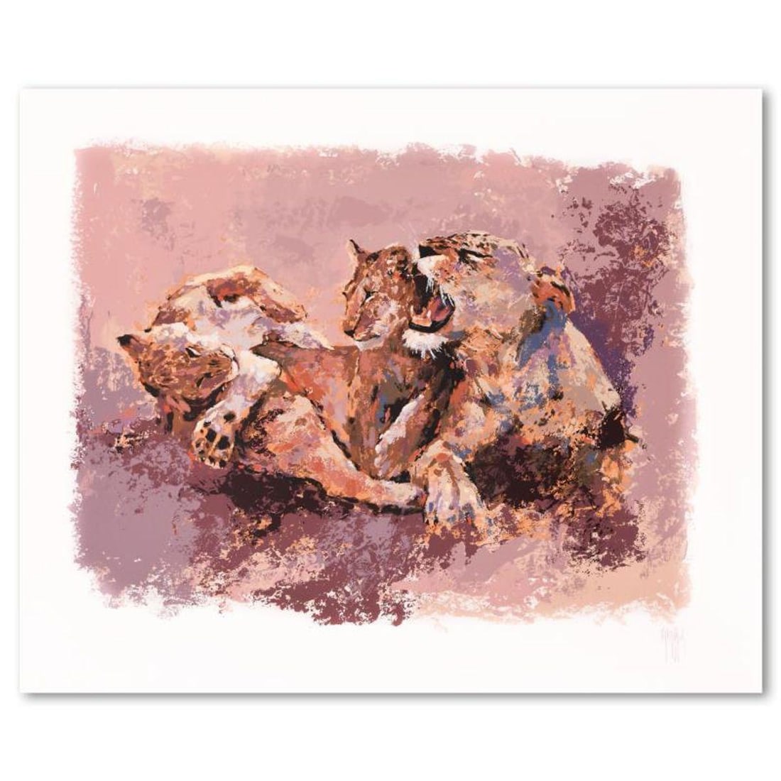 Mark King (1931-2014), "Lioness & Her Cubs" Limited Edition Serigraph, Numbered and Hand Signed with: Lioness & Her Cubs is a limited edition serigraph on paper by Mark King (1931-2014), numbered and hand signed by the artist. Includes Letter of Authenticity. Measures approx. 33" x 40" (border), 26" x