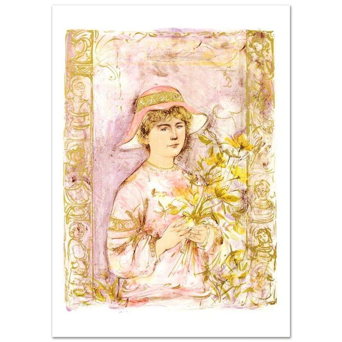Flora Limited Edition Lithograph by Edna Hibel (1917-2014), Numbered and Hand Signed with: Flora is a limited edition lithograph on paper, numbered and hand signed by Edna Hibel (1917-2014). Includes Certificate of Authenticity! Measures approx. 25" x 35.5" (with border), 22" x 30" (image).
