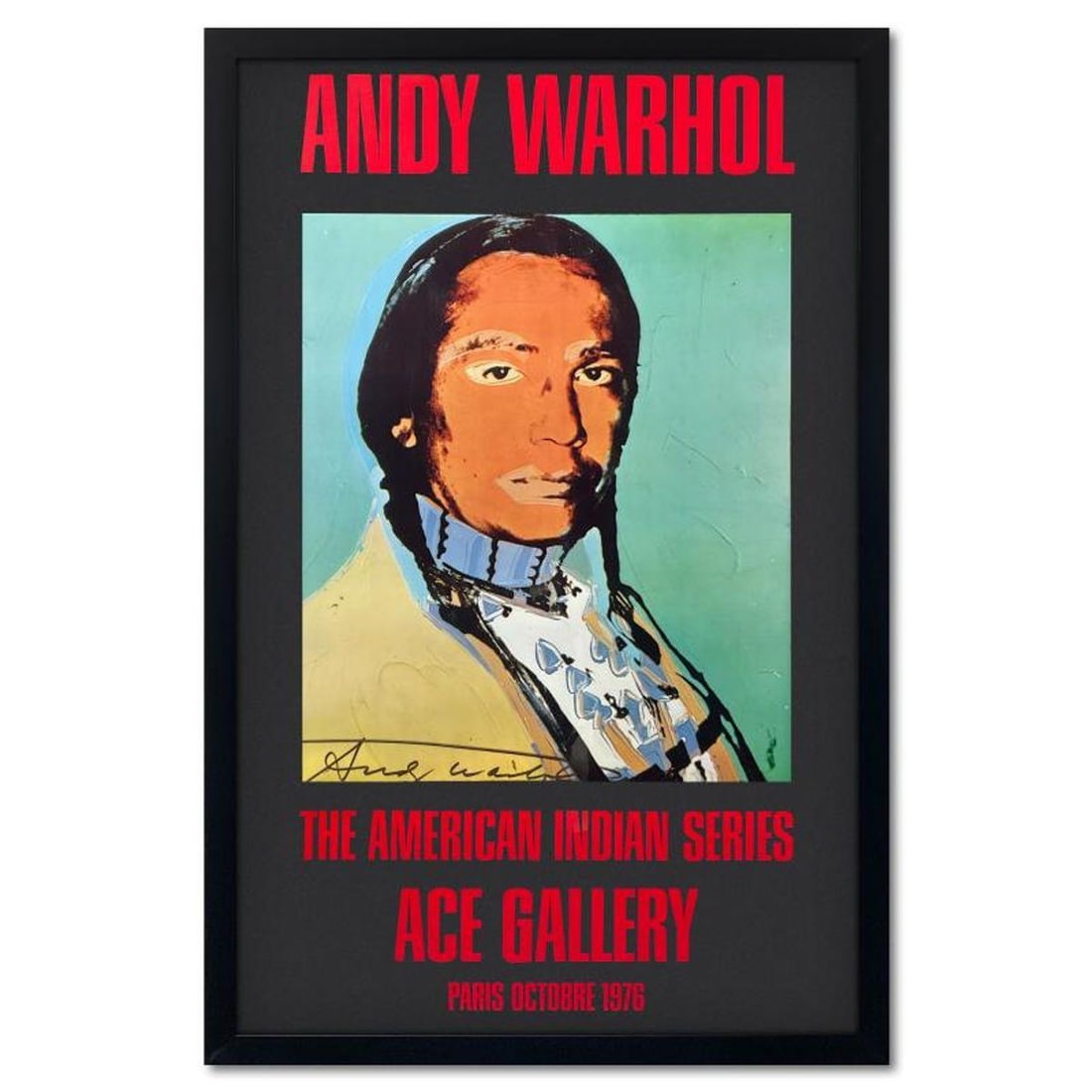 Andy Warhol (1928-1987), "The American Indian Series (Black)" Framed Vintage Poster (51" x 33") from: The American Indian Series is a vintage poster (1976) by Andy Warhol (1928-1987) from the Ace Gallery, Los Angeles, CA, hand signed by the artist. This piece comes custom framed. Includes Letter of Au
