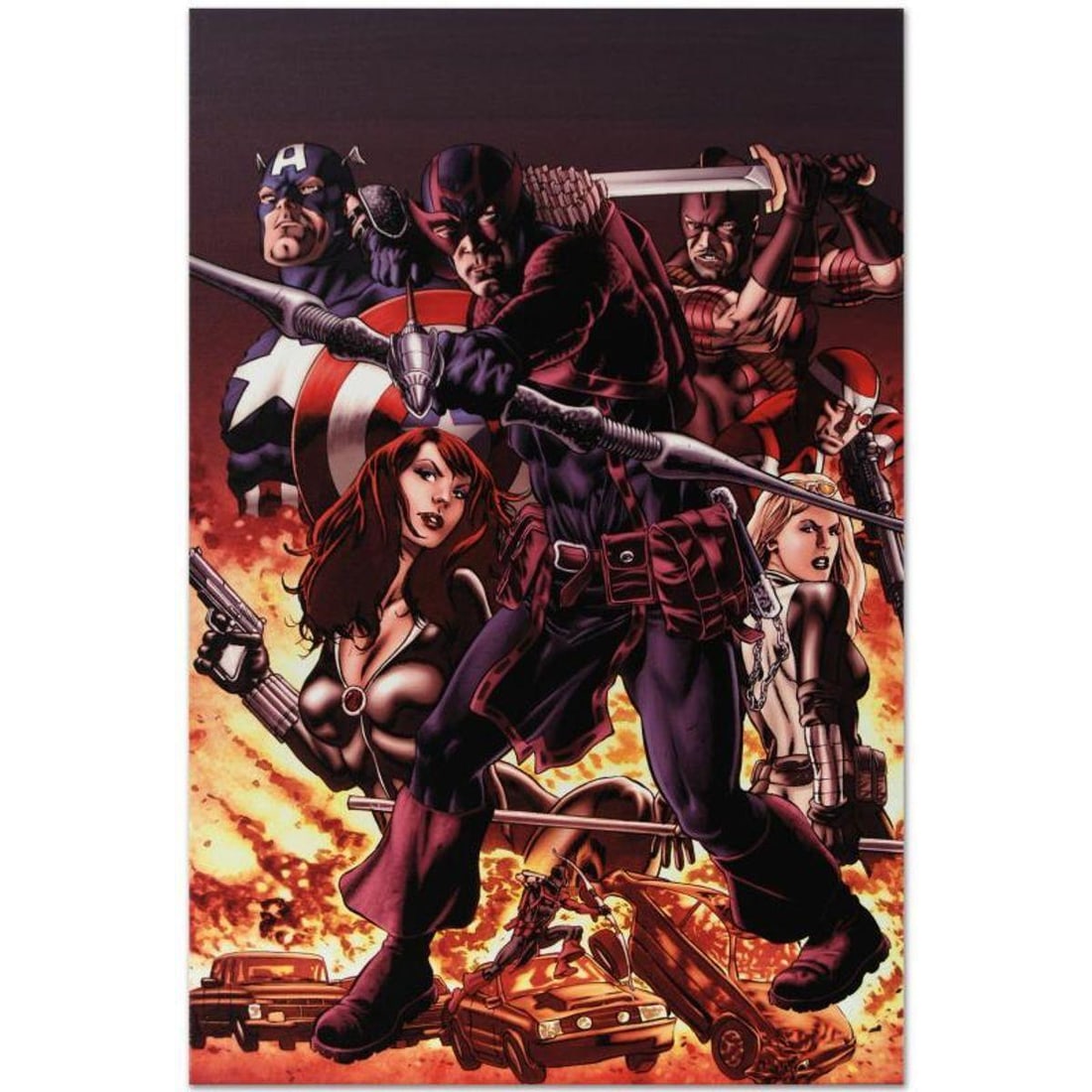 Marvel Comics "Hawkeye: Blind Spot #1" Numbered Limited Edition Giclee on Canvas by Mike Perkins: A piece of comic book history, this limited edition, from original art by Mike Perkins, depicts the classic characters Hawkeye, Captain America, and Black Widow. Beginning with Marvel UK, Mike Perkins