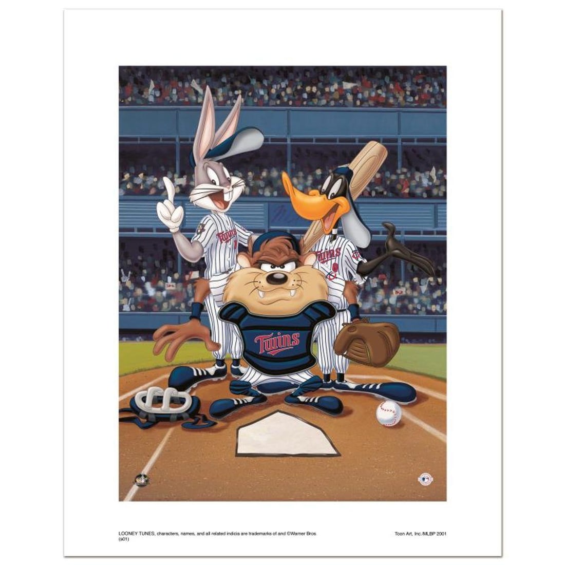 At the Plate (Twins) Numbered Limited Edition Giclee from Warner Bros. with Certificate of: At the Plate (Twins) is a limited edition giclee on paper from Warner Bros. featuring iconic Looney Tunes characters in Minnesota Twins MLB uniforms. It comes numbered, with hologram seal, and a Certi