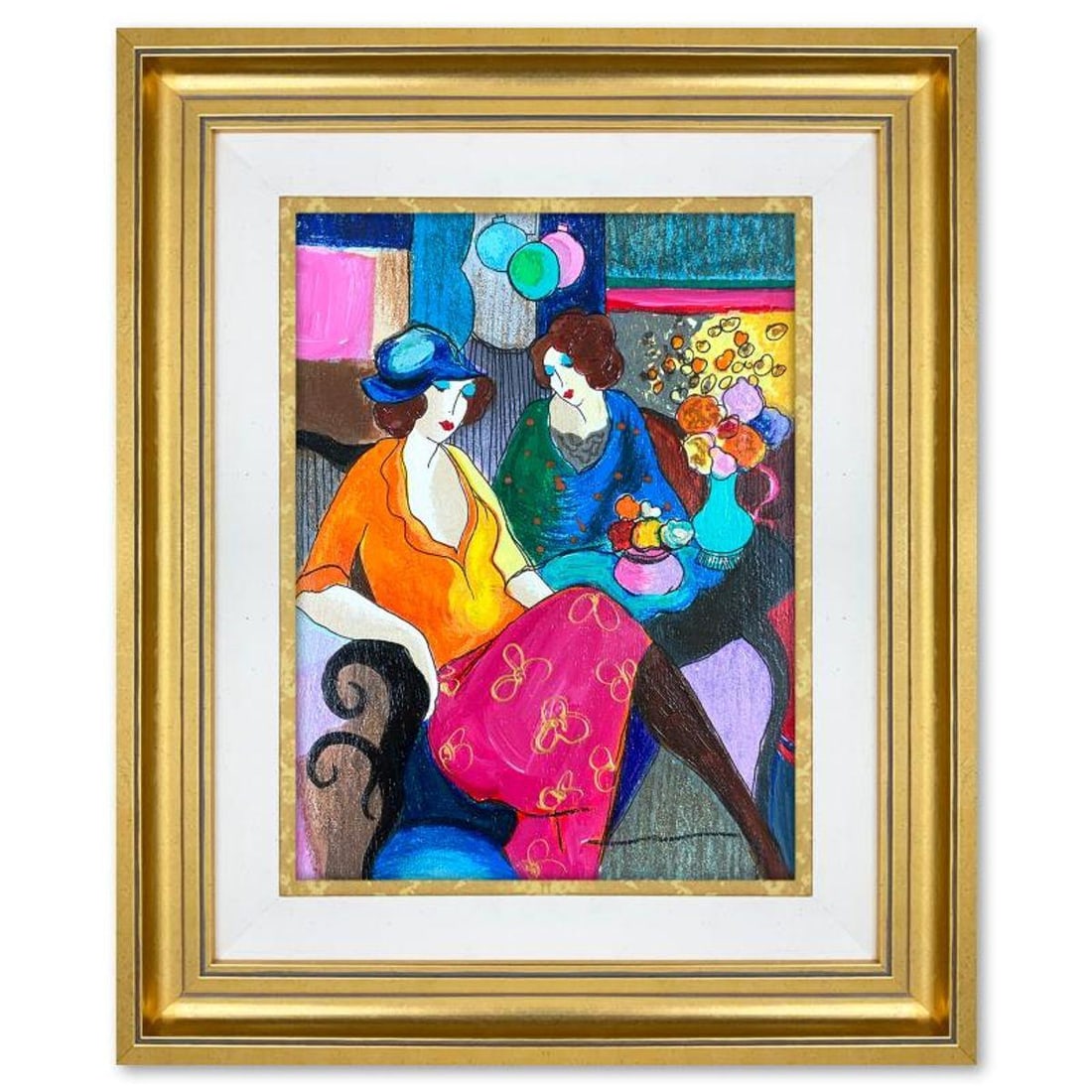 Itzchak Tarkay (1935-2012), "Chit Chat" Framed One-of-a-Kind Mixed Media Over Paint on Wood, Hand: Chit Chat is a one-of-a-kind mixed media over paint on wood by Itzchak Tarkay (1935-2012), hand signed by the artist. This piece comes custom framed. Includes Letter of Authenticity. Measures approx.
