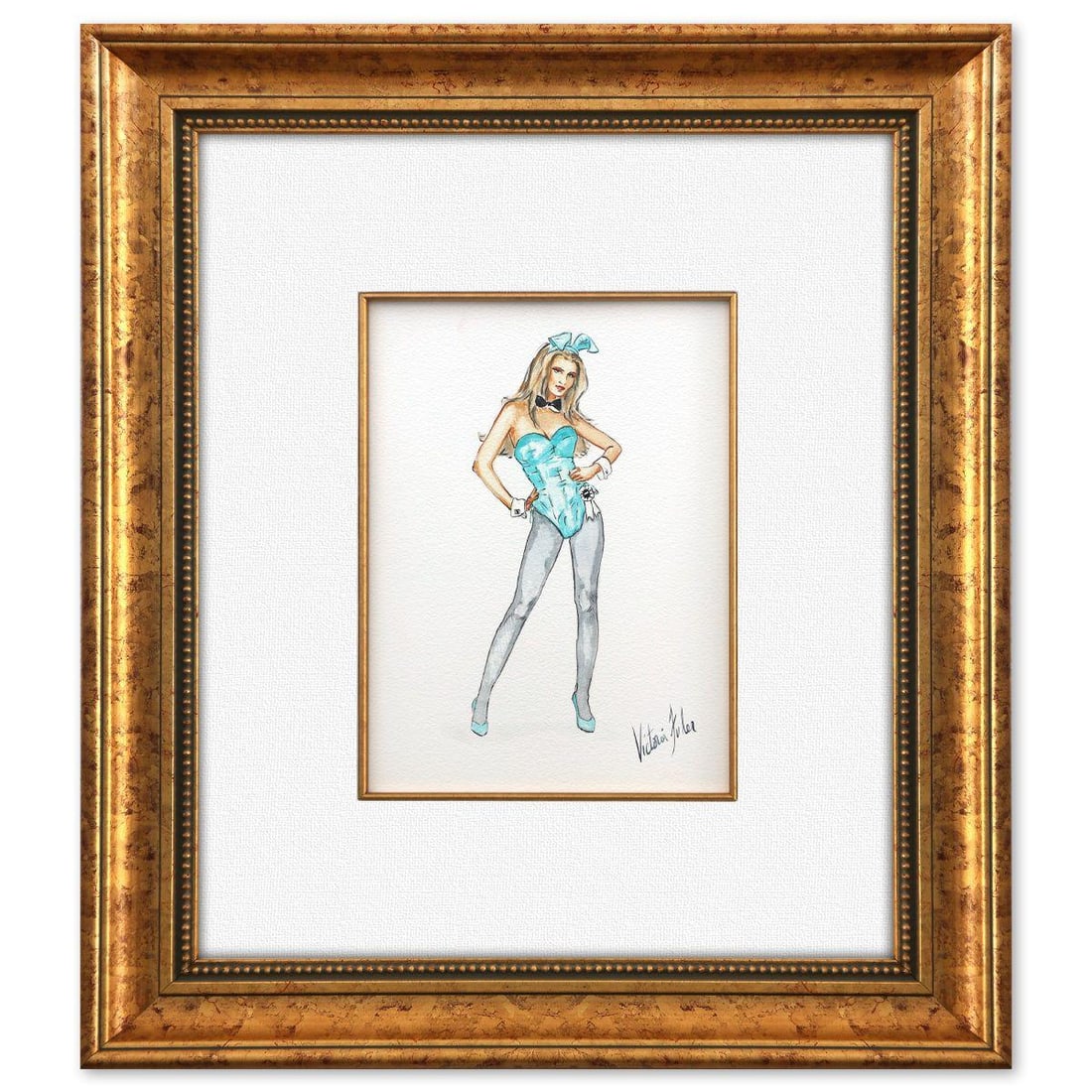Victoria Fuller- Original Painting "Turquoise Club Bunny": Artist: Victoria Fuller. Medium: Original Painting. Title: Turquoise Club Bunny. Size: 11" x 8.5". Measures approx. 24" x 20.5" (framed). Signature: Hand Signed. Reference#: 74505.