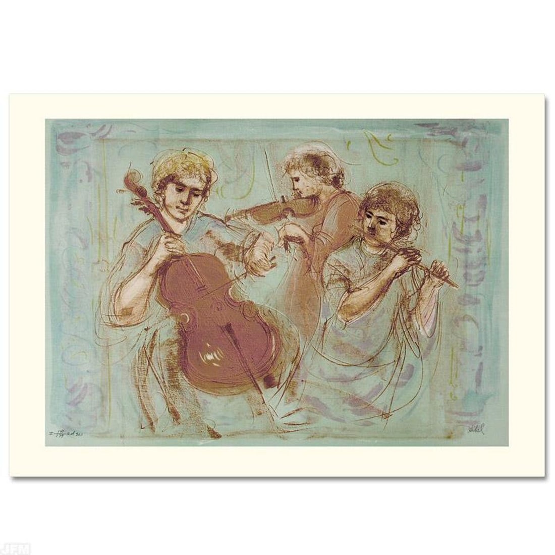 Trio Limited Edition Lithograph by Edna Hibel (1917-2014), Numbered and Hand Signed with Certificate: Trio is a limited edition lithograph on paper, numbered and hand signed by Edna Hibel (1917-2014). Includes Certificate of Authenticity! Measures approx. 35.5" x 24.5" (with border), 30" x 21" (image)