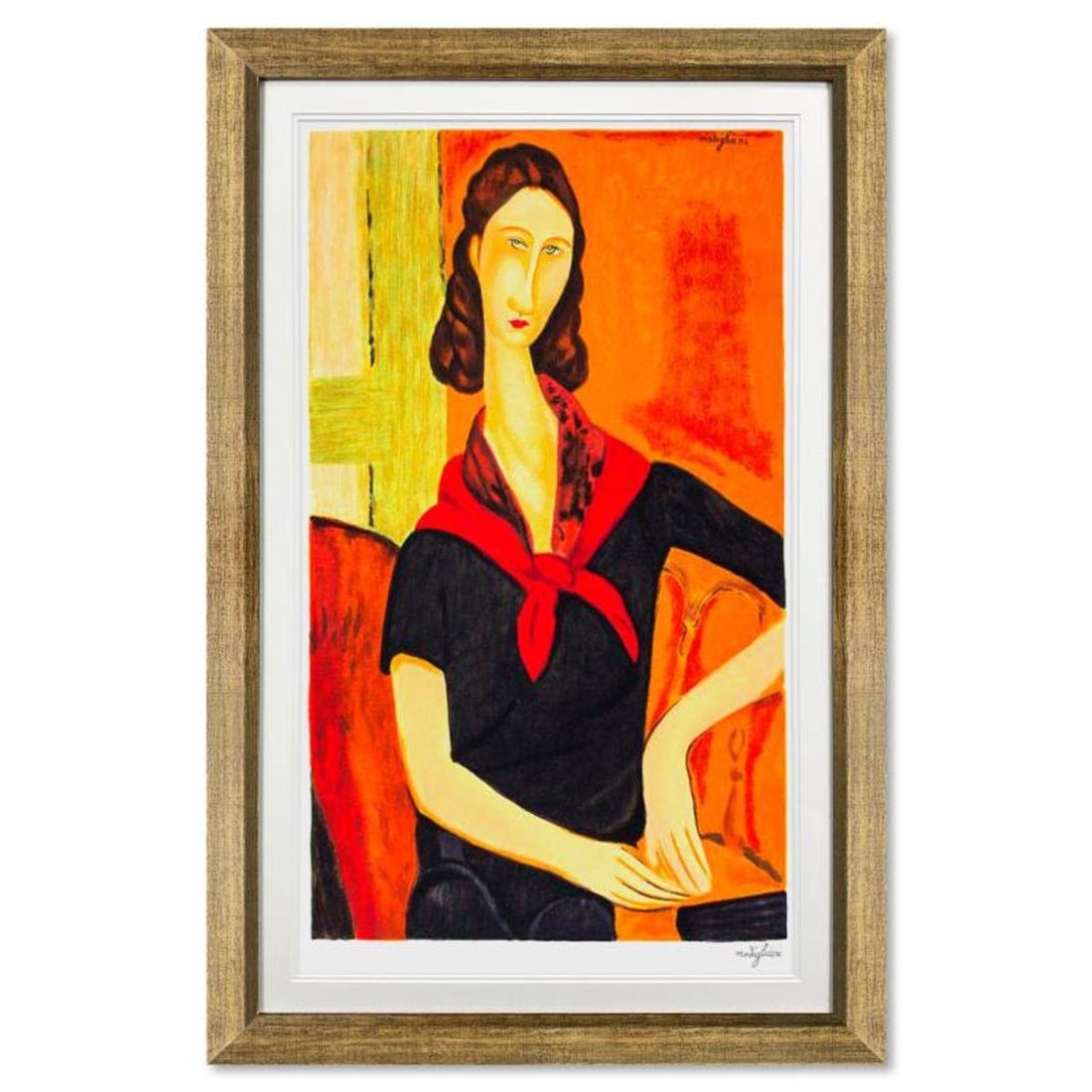 Amedeo Modigliani (1884-1920), "Jeanne Hebuterne" Framed Limited Edition Serigraph with Letter of: Jeanne Hebuterne is a framed limited edition serigraph on paper by Amedeo Modigliani. The piece is plate signed and comes with a letter of authenticity. Measures approximately 29.5" x 27.5" (frame), 1