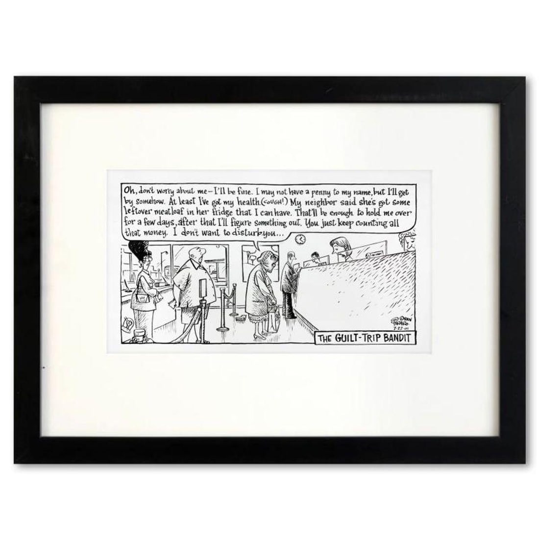 Bizarro, "Guilt-Trip Bandit" is a Framed Original Pen & Ink Drawing by Dan Piraro, Hand Signed with: Enter a surreal and satirical world of twisted imagination and award winning creativity. "Guilt-Trip Bandit" is an original pen & ink drawing on paper by Dan Piraro, creator of the critically acclaime