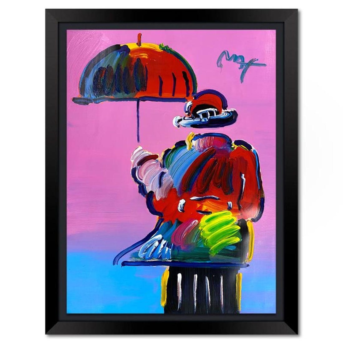 Peter Max, "Umbrella Man" Framed One-of-a-Kind Mixed Media, Hand Signed with Registration Number: Umbrella Man is a one-of-a-kind mixed media on paper, hand signed by Peter Max. The piece comes custom framed with a backside cutout to display Peter Max Studio registration number 264962 certifying a