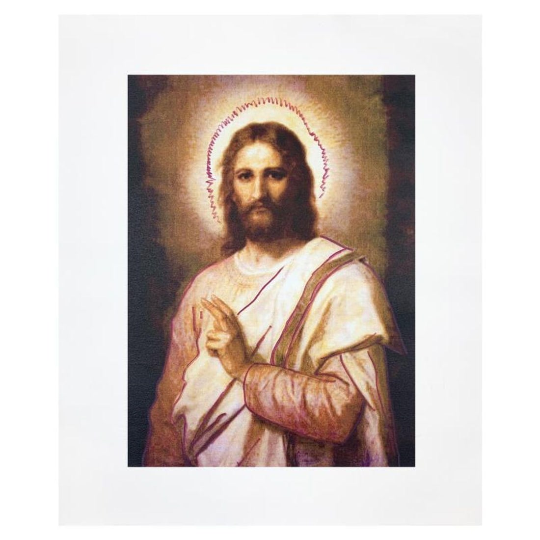 Steve Kaufman (1960-2010), "Jesus Peace (State 2)" Hand Signed and Numbered Limited Edition Hand: Jesus is a limited edition hand pulled silkscreen unique mixed media on canvas by Andy Warhol protege Steve Kaufman (1960-2010). This piece is numbered and hand signed inverso and includes a letter of