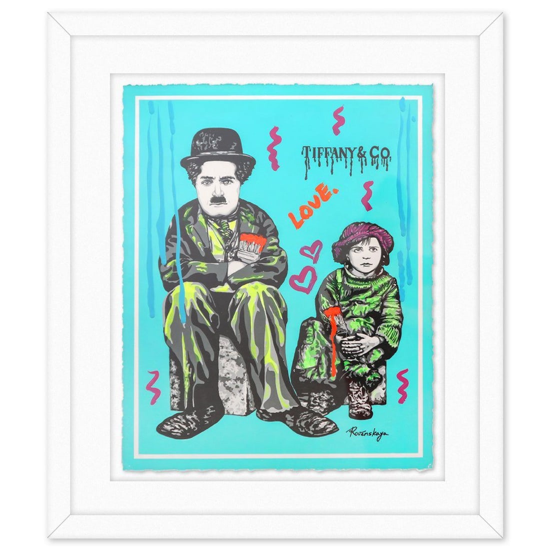 Nastya Rovenskaya- Original Mixed Media on Paper "Just Kids": Artist: Nastya Rovenskaya. Medium: Original Mixed Media on Paper. Title: Just Kids. Size: 24" x 20". Measures approx. 34" x 20" (framed). Signature: Hand signed by the artist. Certificate of Authentic