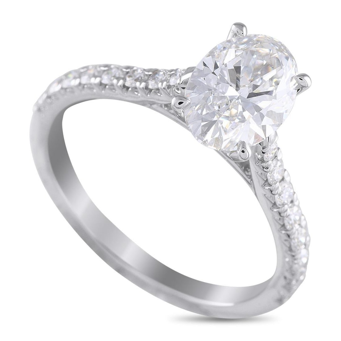 14K WHITE GOLD 1.84CT LAB-GROWN DIAMOND RING: This luxury ring will continually make a stylish statement. At the center, youll find a 1.49 carat oval-shaped brilliant Lab Grown Diamond with G color and VS1 clarity. Its flanked by round-cut Lab Gr