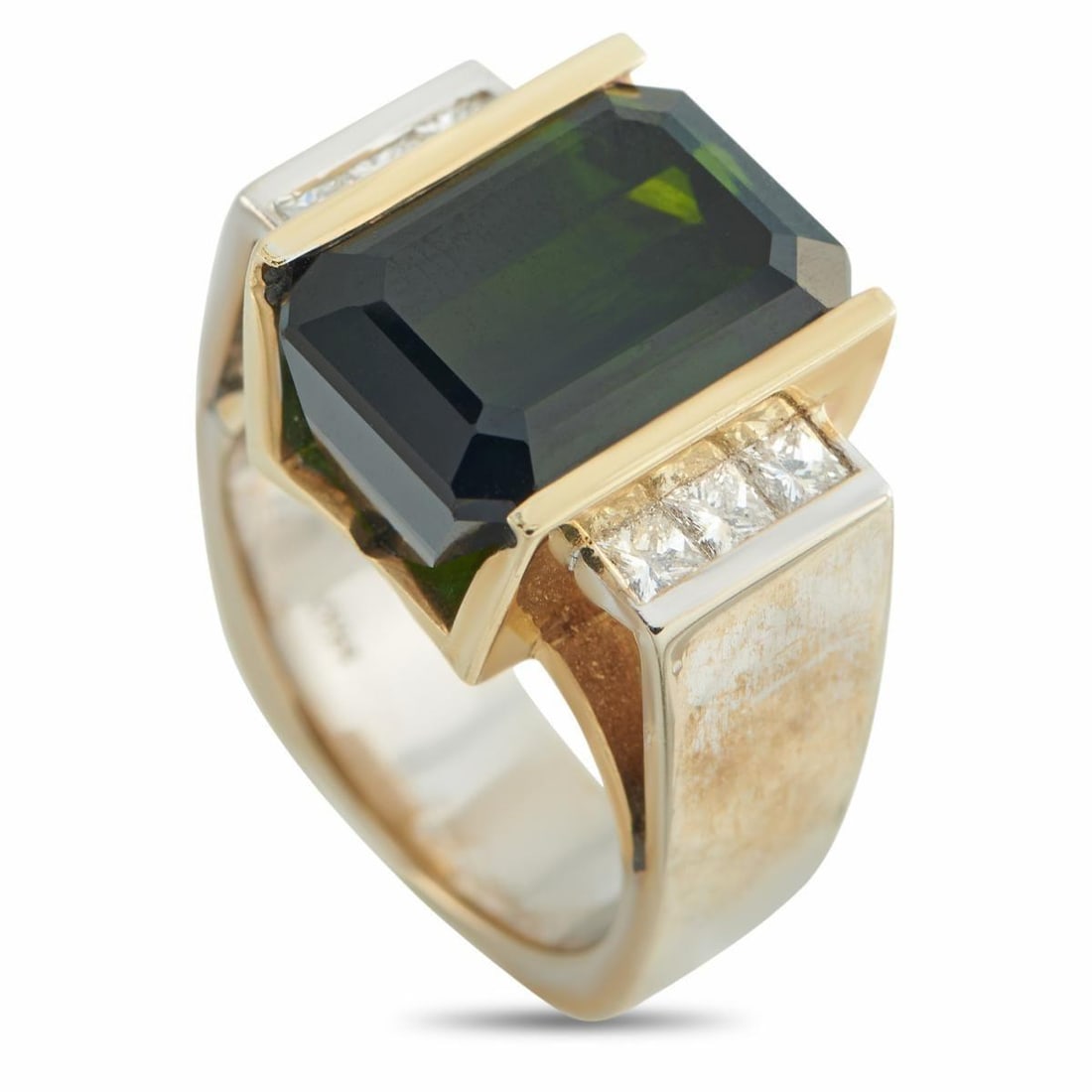 14K YELLOW GOLD 0.60CT DIAMOND AND TOURMALINE RING: This luxury ring is bold, elegant, and impossible to ignore. A deep-hued 7.50 carat Tourmaline serves as a stunning focal point at the center of the stately 14K Yellow Gold setting. Diamond accents to