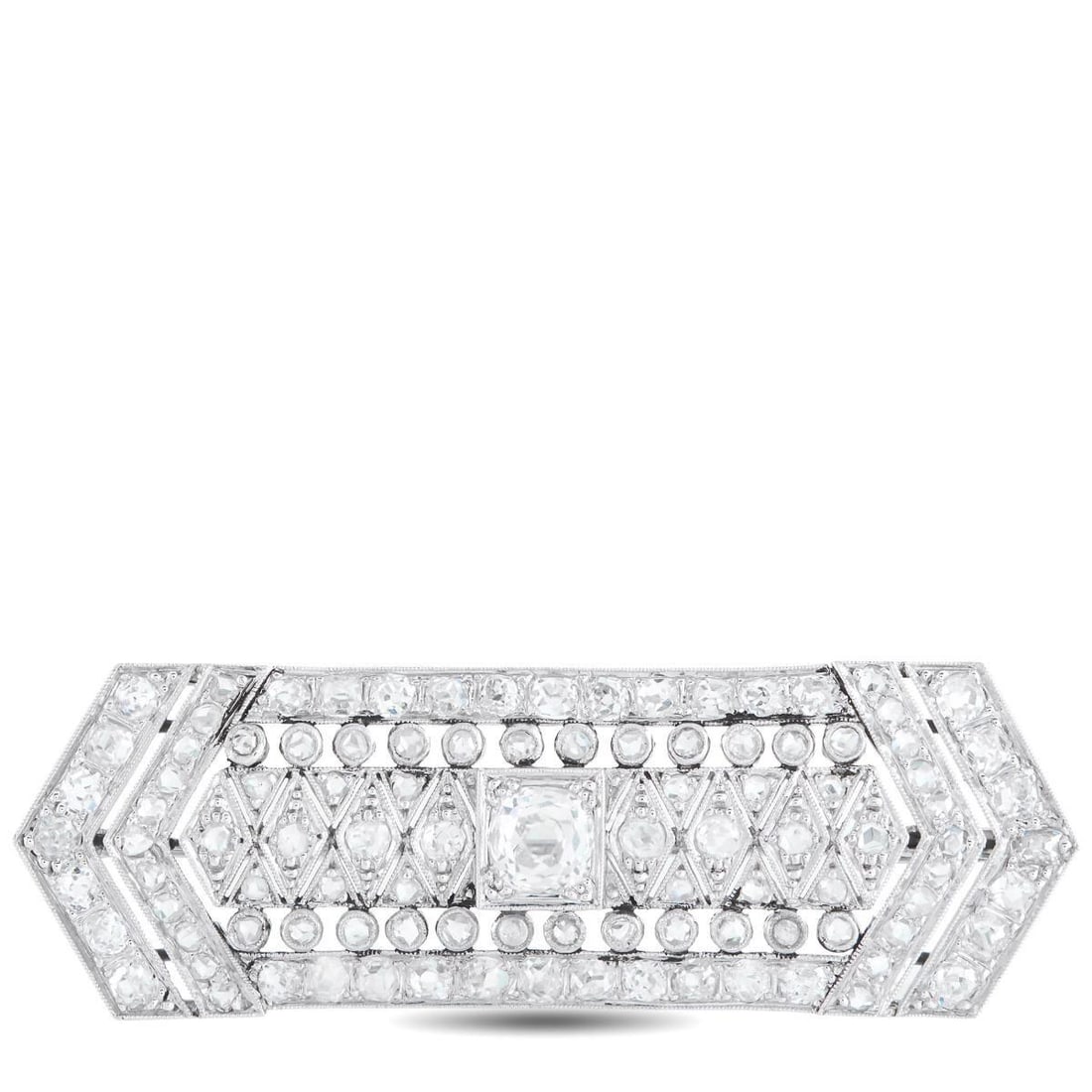 ANTIQUE 18K WHITE GOLD 3.85CT DIAMOND FRENCH BROOCH: Add old fashioned elegance to any ensemble with this exquisite antique French brooch. The symmetrical 18K White Gold setting draws inspiration from Art Deco design, while Diamonds with a total weight