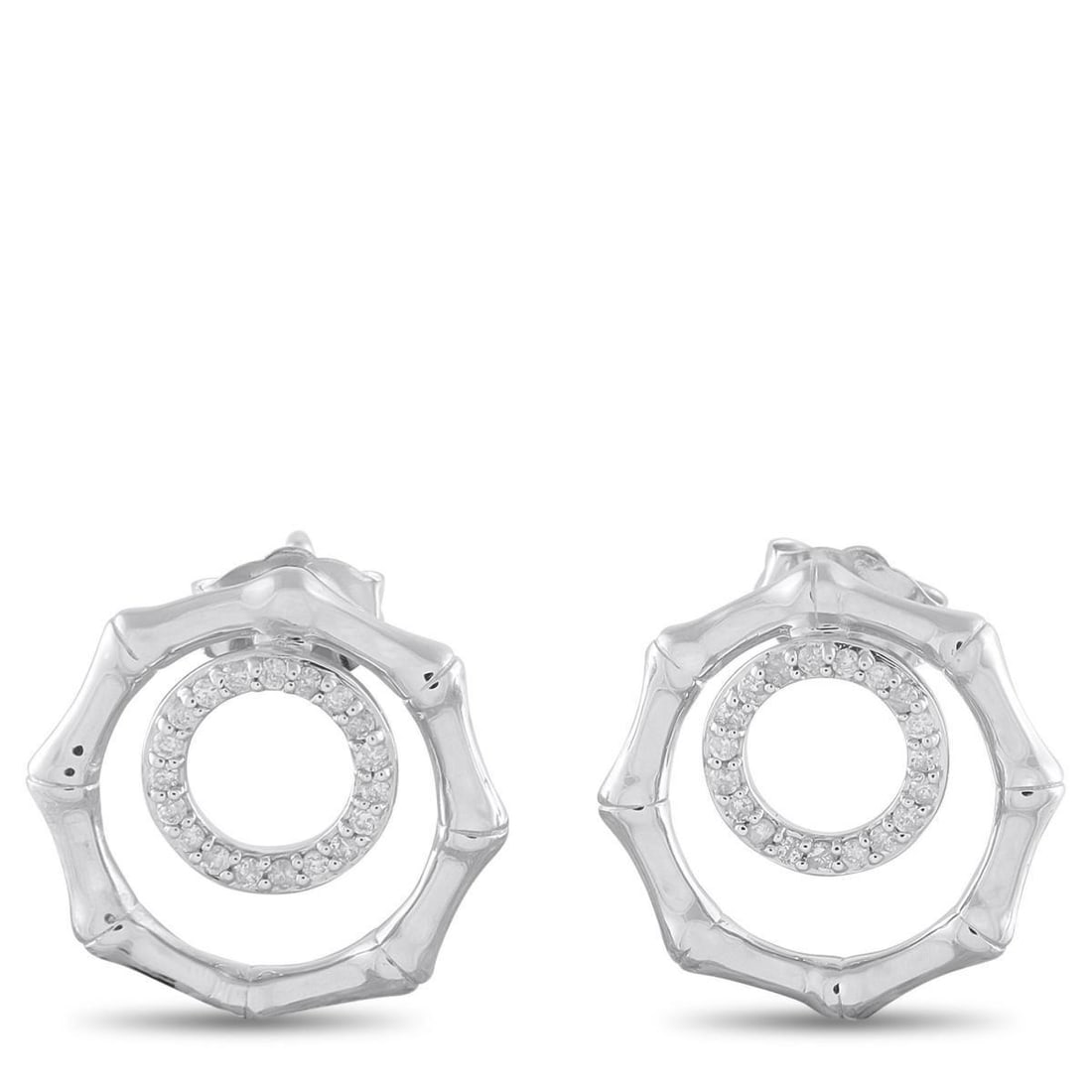 14K WHITE GOLD 0.16CT DIAMOND EARRINGS: These impeccably crafted earrings are incredibly chic. A bamboo motif adds a touch of timeless elegance, while sparkling Diamonds totaling 0.16 carats make a statement in the center of the design. Set