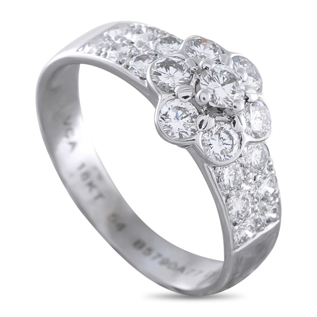 VAN CLEEF & ARPELS 18K WHITE GOLD 1.0CT DIAMOND RING: This Van Cleef & Arpels ring offers unparalleled charm. Set in 18K White Gold, Diamonds with a total weight of 1.0 carats elevate the central floral motif and extend onto the band. A 3mm wide band and