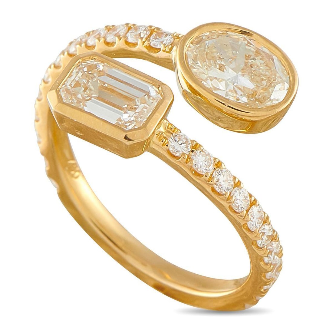 18K YELLOW GOLD 2.28CT DIAMOND BYPASS RING: This bypass ring is simple, elegant, and ideal for everyday wear. Set in 18K Yellow Gold, Diamonds with a total weight of 1.83 carats make a statement at each end of the design. Additional Diamonds to