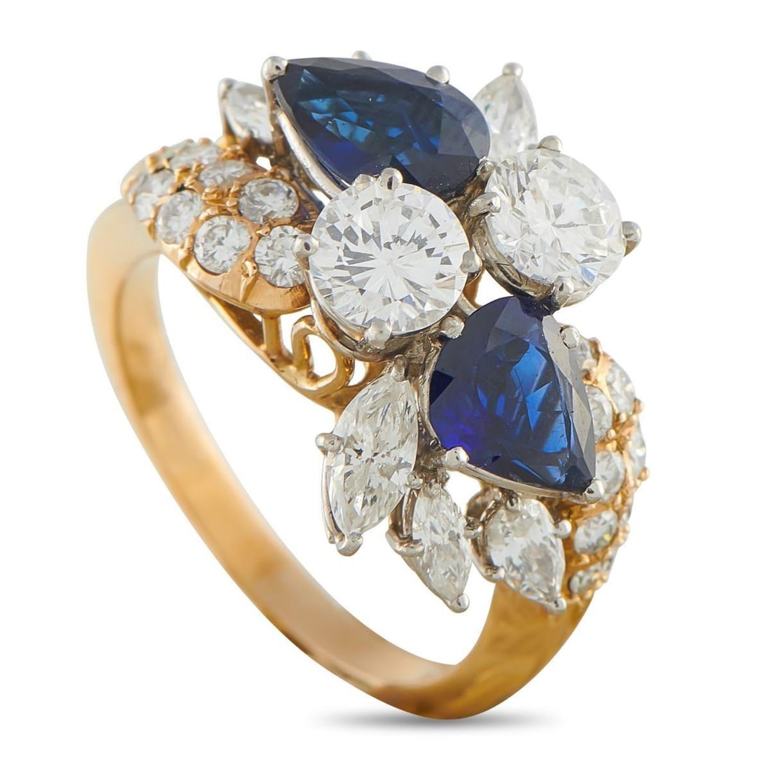 18K YELLOW GOLD 2.70CT DIAMOND AND SAPPHIRE RING: An array of colors and textures make this luxury ring impossible to ignore. Set in 18K Yellow Gold, Diamonds with a total weight of 2.70 carats are perfectly paired with Sapphires totaling 1.50 carats