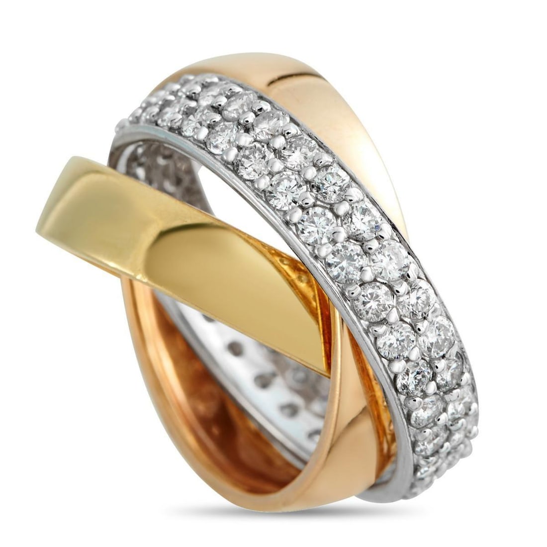 18K ROSE, YELLOW, AND WHITE GOLD 1.70CT DIAMOND THREE-BAND RING: A classic trio that defines modern connection. This three-band interlocking ring brings together polished 18K yellow and rose gold with a white gold band set with 1.70 carats of diamonds. Two rows of
