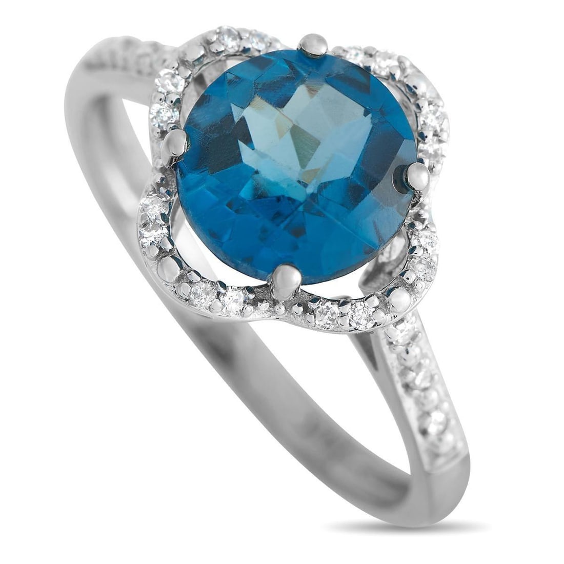 14K WHITE GOLD 0.10CT DIAMOND AND TOPAZ QUATREFOIL RING: Wear this ring to add an instant positivity and color boost to your look. The ring has a slender band in 14K white gold, with rising shoulders decorated with diamonds. The centerpiece is a round topaz