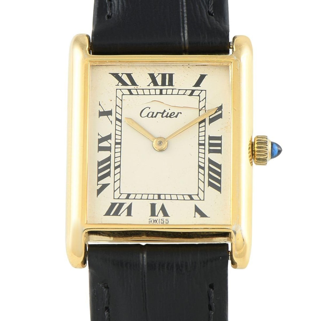 CARTIER TANK VERMEIL QUARTZ WATCH: A pre-Must Tank from circa 1970s. This particular timepiece features a 21mm sterling silver case with thick gold plating. The cream-colored dial bears the signature Roman numerals and inner railroad m