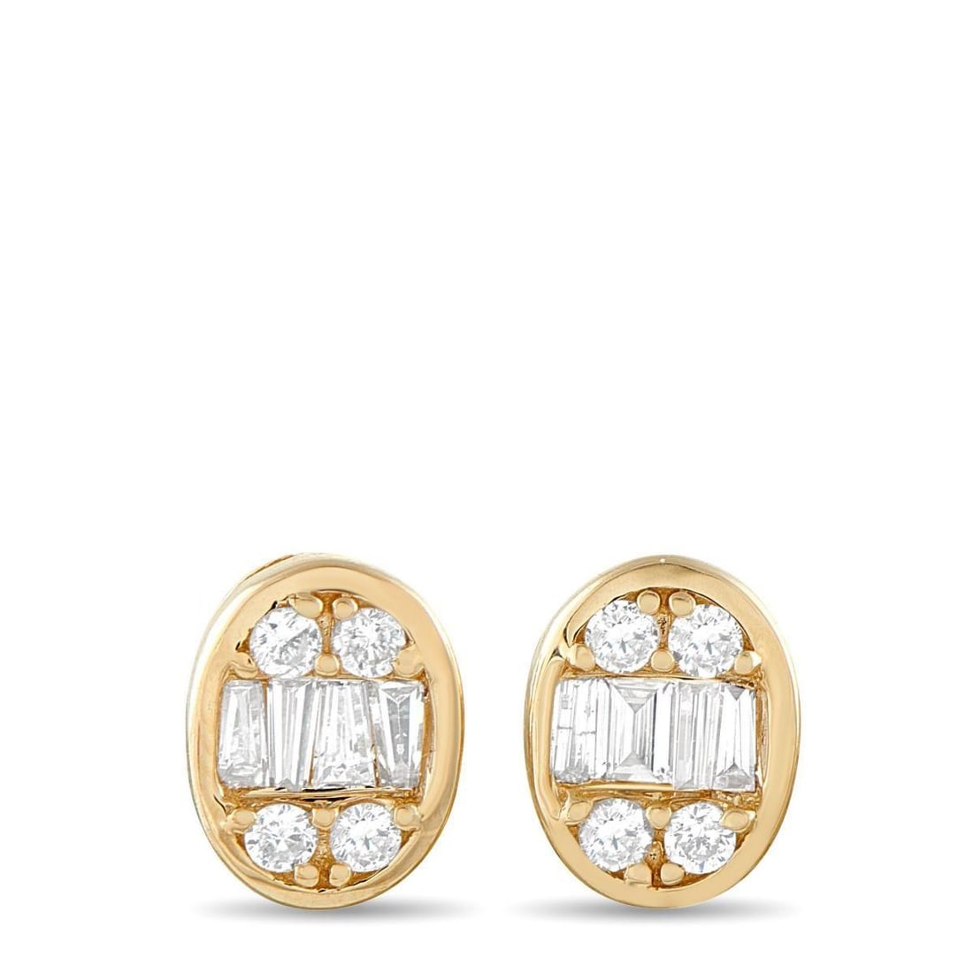 14K YELLOW GOLD 0.40CT DIAMOND CLUSTER OVAL STUD EARRINGS: Simple, distinctive, and made to catch the eye without trying too hard. These 14K yellow gold oval studs keep things understated yet striking with their combination of round and tapered baguette diamo