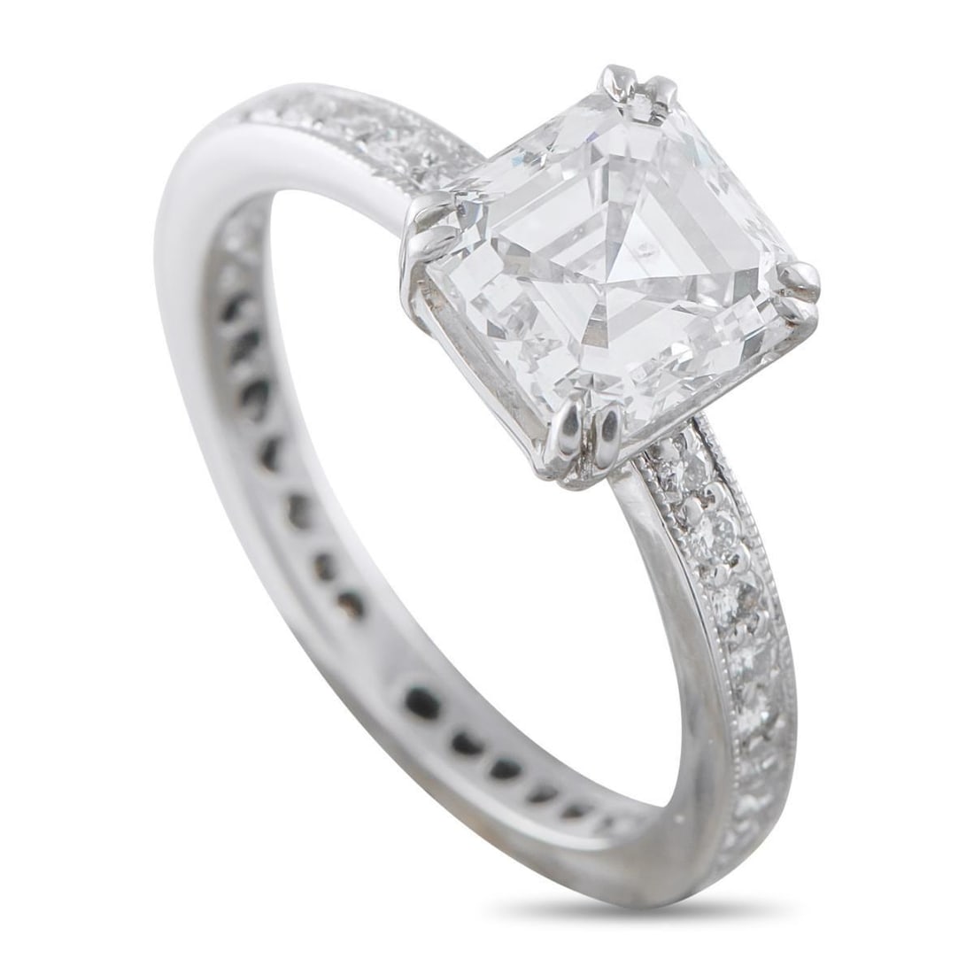 PLATINUM 2.52CT DIAMOND RING: A ring suited for an engagement, anniversary, or a meaningful milestone. Crafted in platinum, it features a 2.12-carat I-SI1 square emerald-cut diamond at the center. Four prongs lift the diamond abov