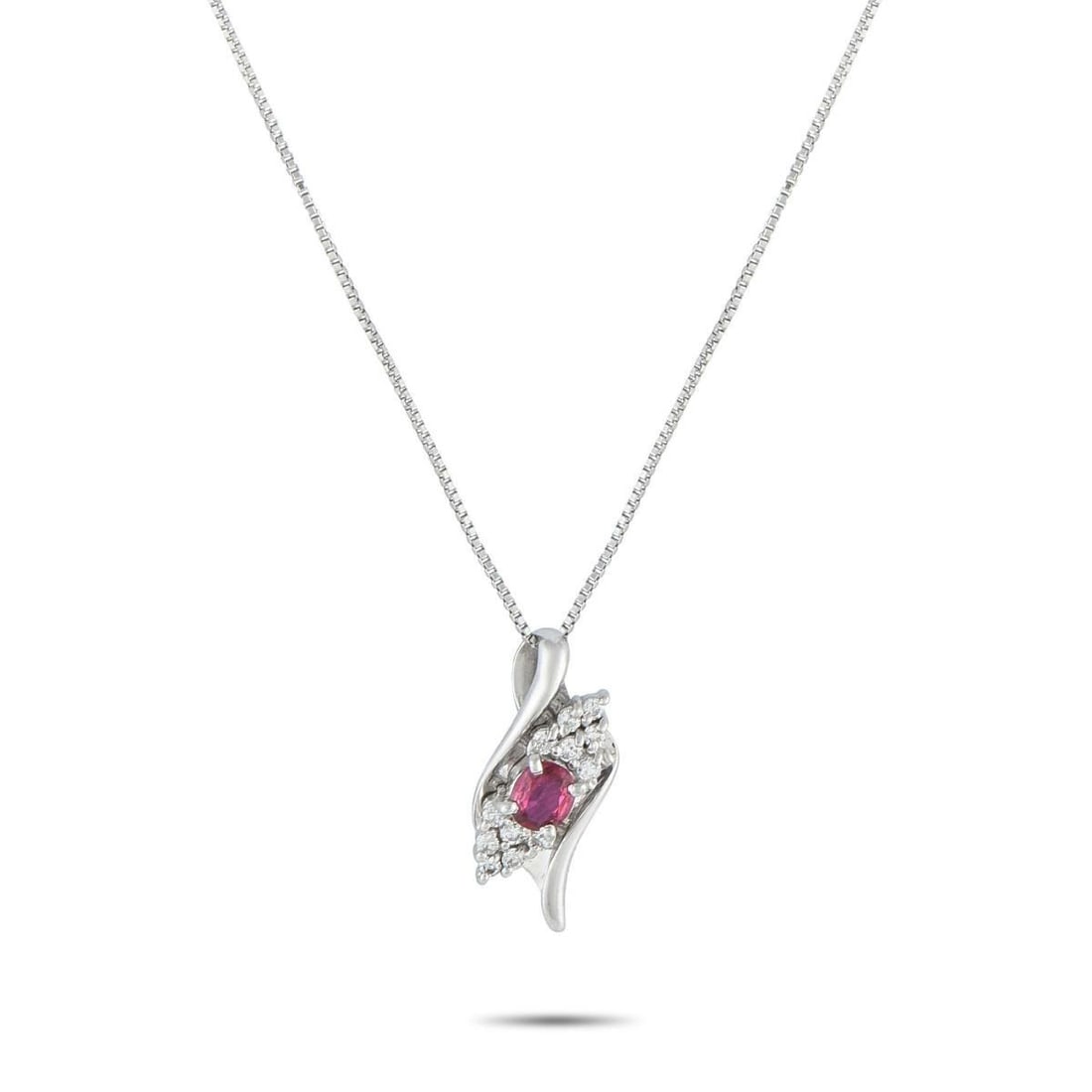 PLATINUM 0.18CT DIAMOND AND RUBY PENDANT NECKLACE: The captivating style of this piece makes it a notable addition to any collection. The box chain holds a unique pendant that captures the drama of motion. It has a swirled platinum ribbon that twists