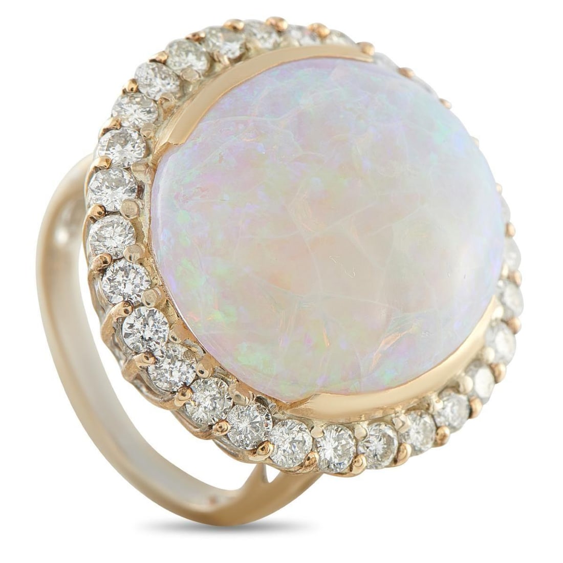14K YELLOW GOLD 1.80CT DIAMOND AND OPAL RING: This luxury ring will instantly capture your imagination. At the center, a fiery 17.50 carat Opal provides this piece with a luminous quality that will continually captivate. Diamonds with a total wei