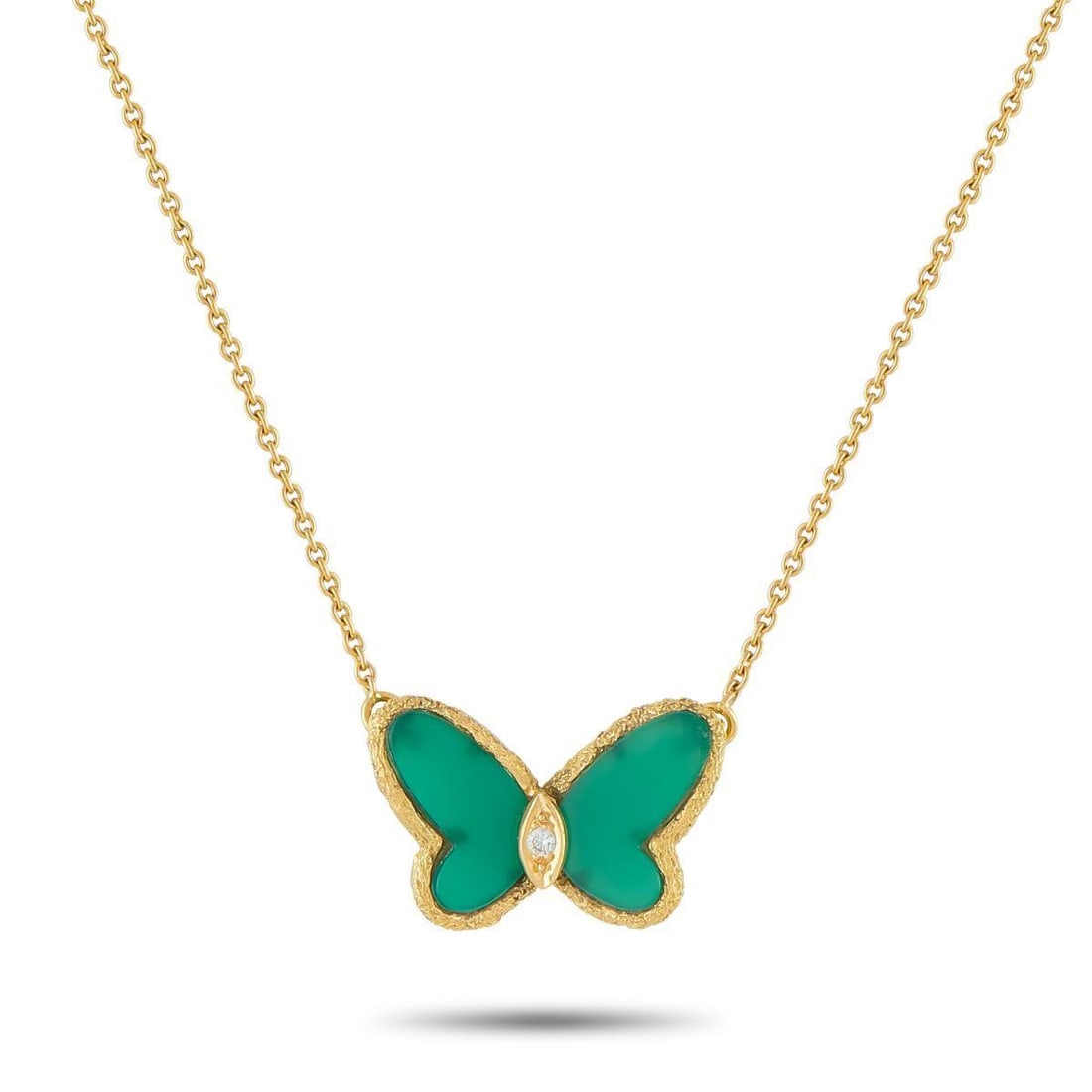 VAN CLEEF & ARPELS 18K YELLOW GOLD CHRYSOPRASE BUTTERFLY NECKLACE: Part of the Flying Beauties collection, this necklace features a butterfly pendant with chrysoprase wings. A single diamond marks the marquise-shaped gold body, while the wing edges carry a pronounced