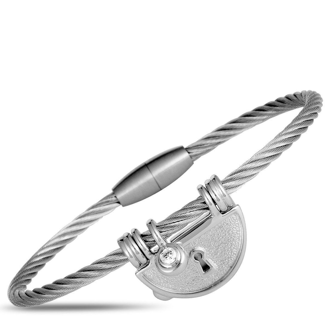 CHARRIOL MY HEART STERLING SILVER AND CUBIC ZIRCONIA BANGLE BRACELET: Boasting intriguing cable design and decorated with a beautifully envisioned keyhole charm accentuated by a sparkling white cubic zirconia, this fascinating My Heart bracelet from Charriol will add an