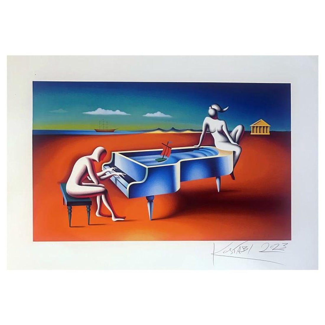 Mark Kostabi, "Blown Away" hand signed limited edition serigraph with Certificate of Authenticity.: Blown Away is a numbered limited edition serigraph on paper by Mark kostabi. Hand signed by the artist the piece comes with a certificate of authenticity. Measures approximately 19.5" x 35" (image), 3