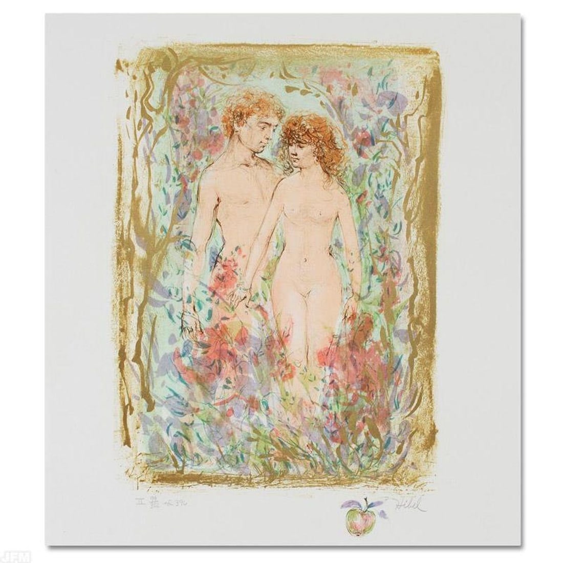 The First Couple Limited Edition Lithograph by Edna Hibel (1917-2014), Numbered and Hand Signed with: The First Couple is a limited edition lithograph on paper, numbered and hand signed by Edna Hibel (1917-2014). Includes Certificate of Authenticity! Measures approx. 18" x 22" (with border), 12" x 16"