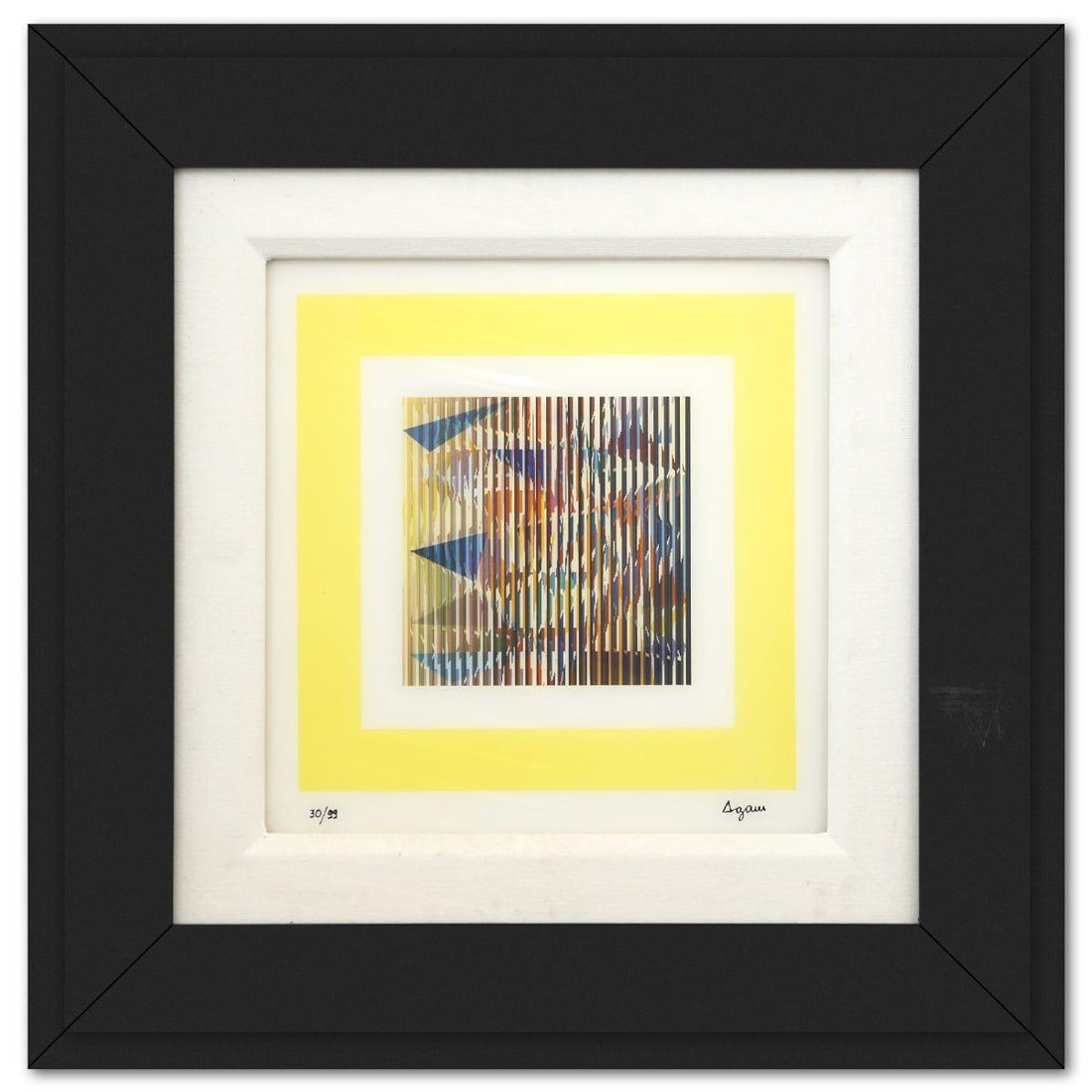 Agam- Agamagraph "Diaspora": Artist: Agam. Medium: Agamagraph. Title: Diaspora. Size: 14" x 14". Measures approx. 25" x 25" (framed). Signature: Hand Signed and Numbered. Additional: Minor damages to the frame and signed of wear.