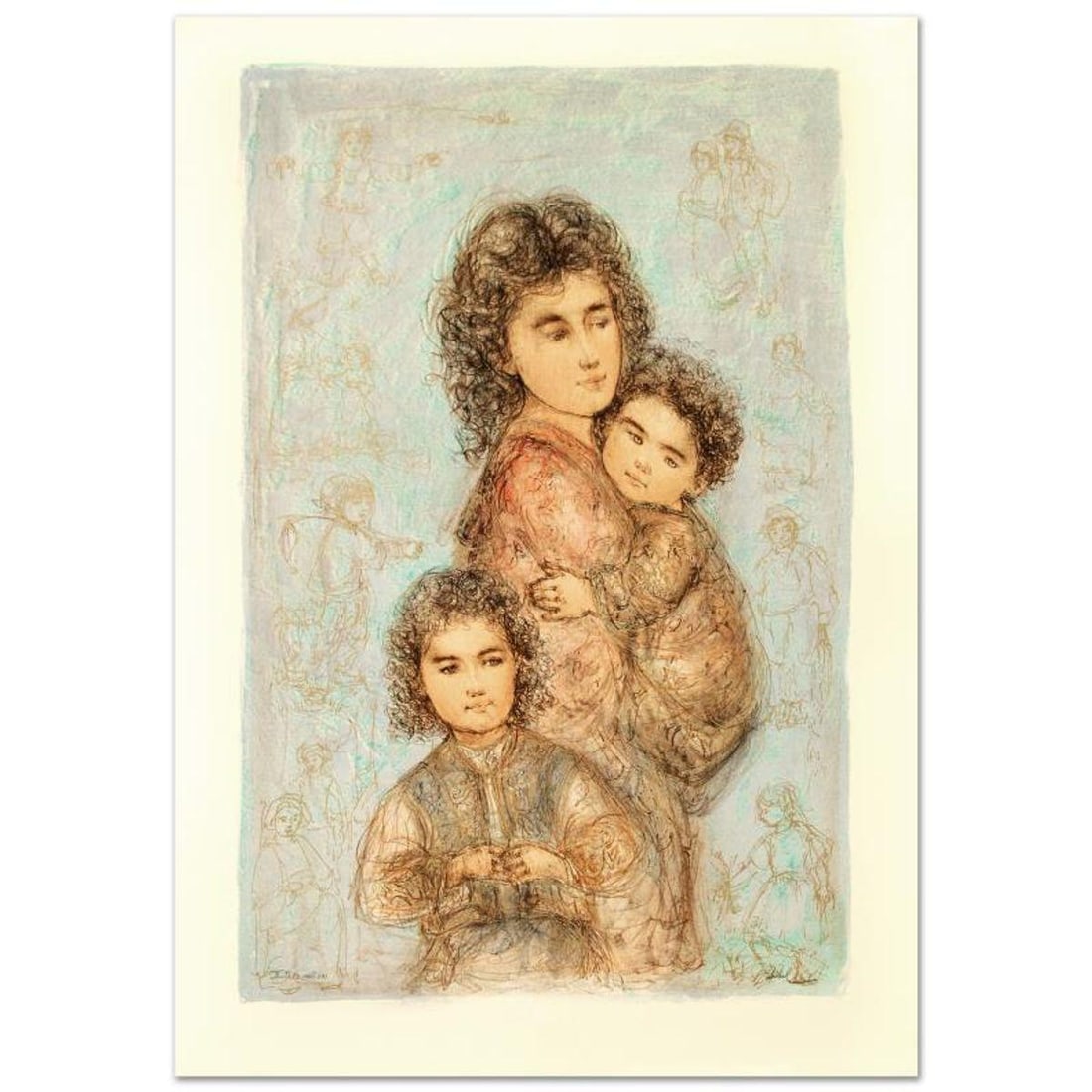 Catherine and Children Limited Edition Lithograph by Edna Hibel (1917-2014), Numbered and Hand: Catherine and Children is a limited edition lithograph on paper, numbered and hand signed by Edna Hibel (1917-2014). Includes Certificate of Authenticity! Measures approx. 25" x 35.5" (with border), 2