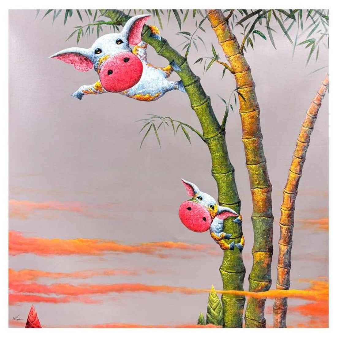 Wang, "Tropical Swing" Original Mixed Media Painting on Canvas, Hand Signed with Letter of: Tropical Swing is an original mixed media painting on canvas by Wang, hand signed by the artist. Includes Letter of Authenticity. Measures approx. 55" x 55" (image).
