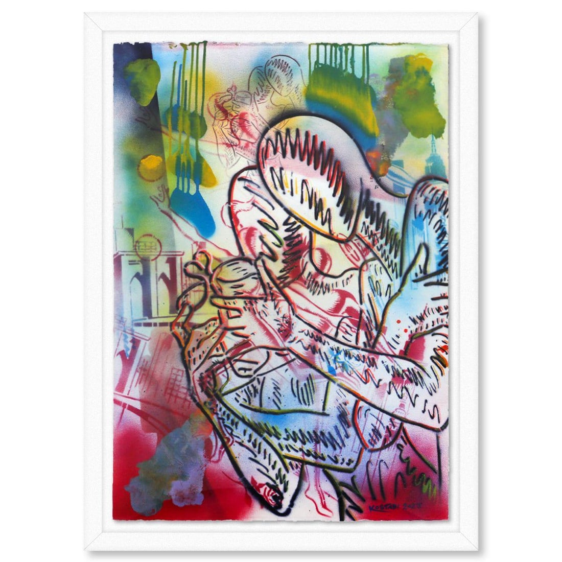 Mark Kostabi- Original Mixed Media on Paper "Don't Stop Ever": Artist: Mark Kostabi. Medium: Original Mixed Media on Paper. Title: Don't Stop Ever. Size: 42" x 29". Measures approx. 47" x 35" (framed). Signature: Hand signed. Certificate of Authenticity: Is inclu