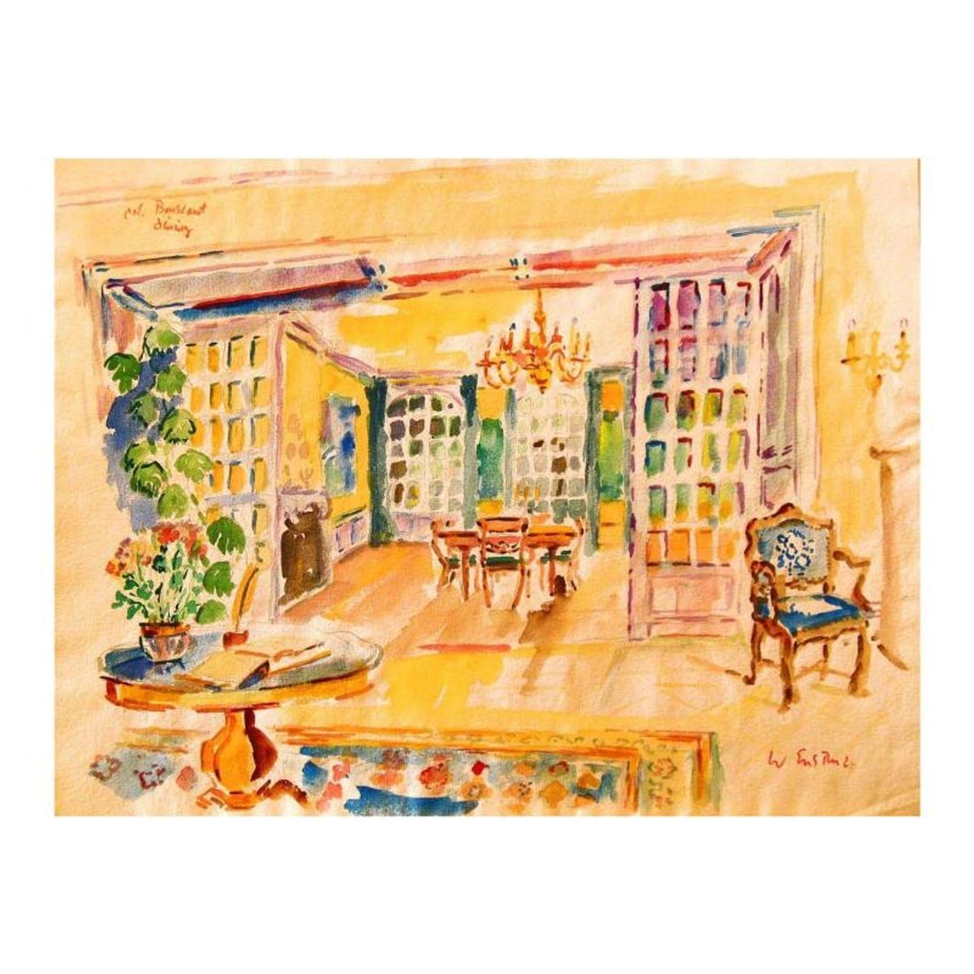 Wayne Ensrud, "The Dining Salon of Chateau Bouscaut" Watercolor Original Artwork; Hand Signed; COA (1 of 2)
