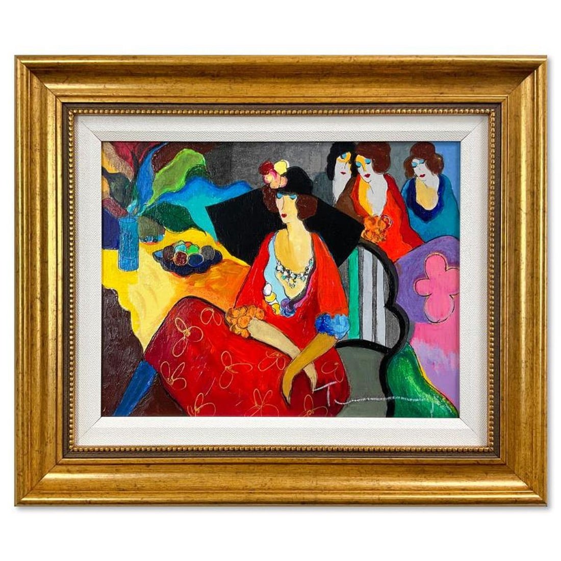 Itzchak Tarkay (1935-2012), "Gossip" Framed One-of-a-Kind Mixed Media Over Paint on Wood, Hand (1 of 2)
