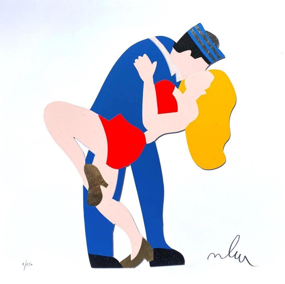 Marco Lodola- Original Serigraph on Paper with golden leaf "BACIO A TIME SQUARE": Artist: Marco Lodola. Medium: Original Serigraph on Paper with golden leaf. Title: BACIO A TIME SQUARE. Size: 16" x 16". Signature: Hand Signed and Numbered by the Artist. Certificate of