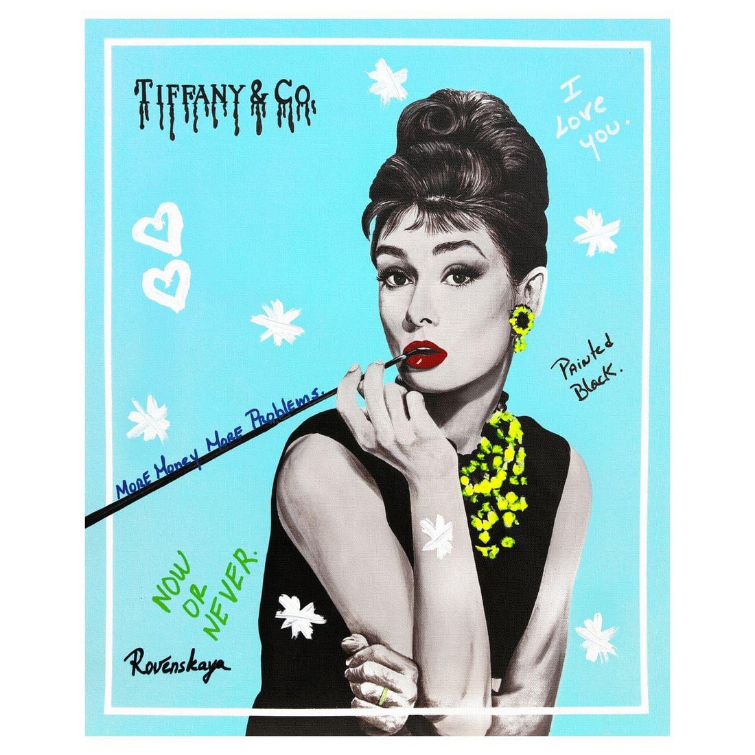 Nastya Rovenskaya- Mixed Media on Canvas "Audrey": Artist: Nastya Rovenskaya. Medium: Mixed Media on Canvas. Title: Audrey. Size: 20" x 16". Signature: Hand signed. Certificate of Authenticity: Is included. Reference#: 49403.