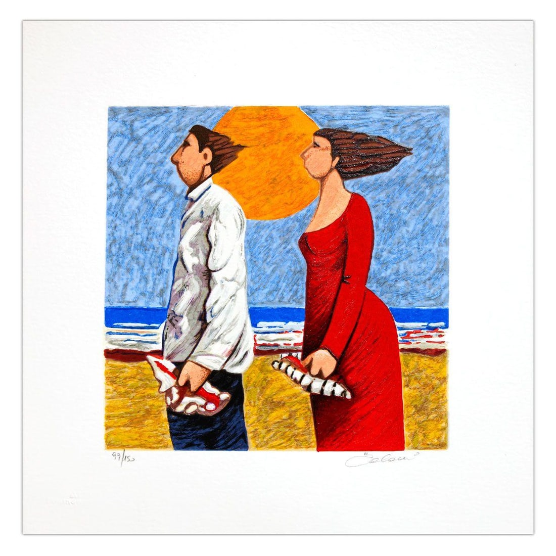 Giampaolo Talani- SIlkscreen on Paper "CercatorI di Conchiglie": Artist: Giampaolo Talani. Medium: SIlkscreen on Paper. Title: CercatorI di Conchiglie. Size: 8" x 8". Signature: Hand Signed and numbered. Certificate of Authenticity: Is included. Additional: