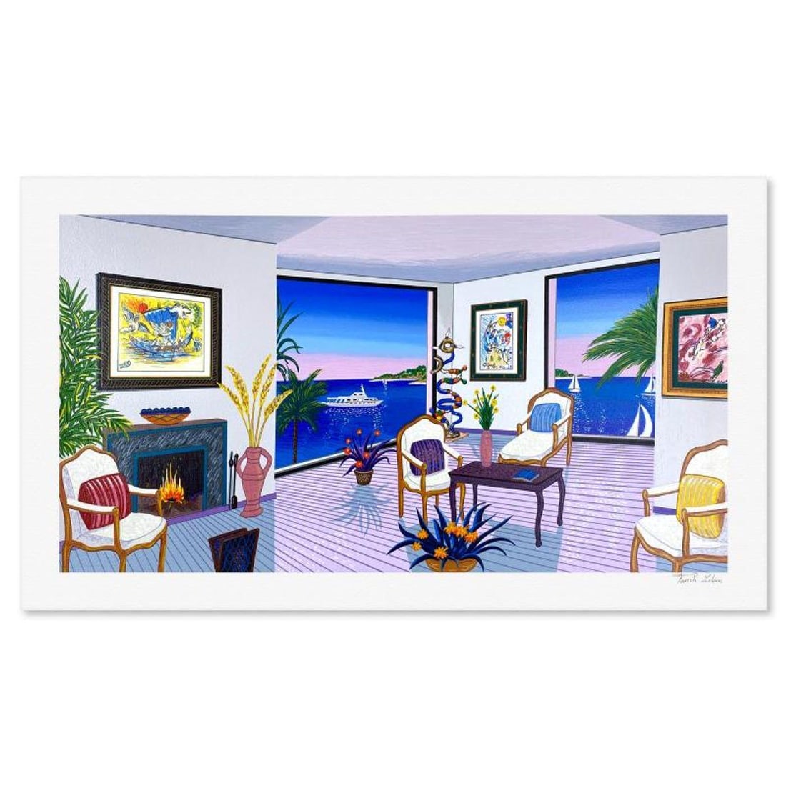 Fanch Ledan, "Chagall in the South" Limited Edition Serigraph, Numbered and Hand Signed with Letter: Chagall in the South is a limited edition serigraph on paper by Fanch, numbered and hand signed by the artist. Includes Letter of Authenticity. Measures approx. 17.5" x 31.5" (border), 14" x 28" (imag