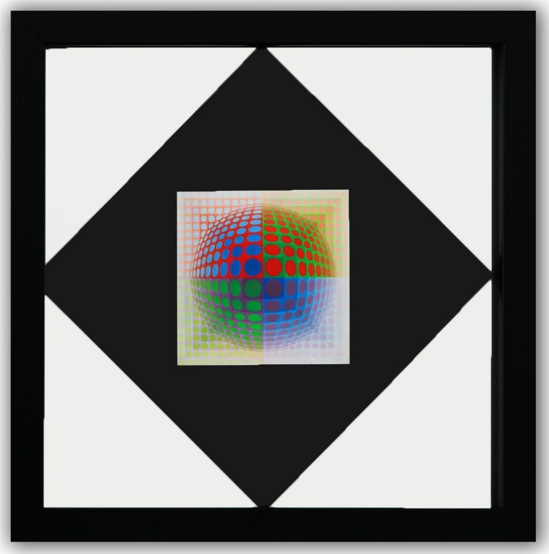 Victor Vasarely- Heliogravure Print "Untitled": Artist: Victor Vasarely. Medium: Heliogravure Print. Title: Untitled. Size: 10" x 10". Measures approx. 12" x 12" (framed). Additional: Custom Framed. Reference#: 21489.