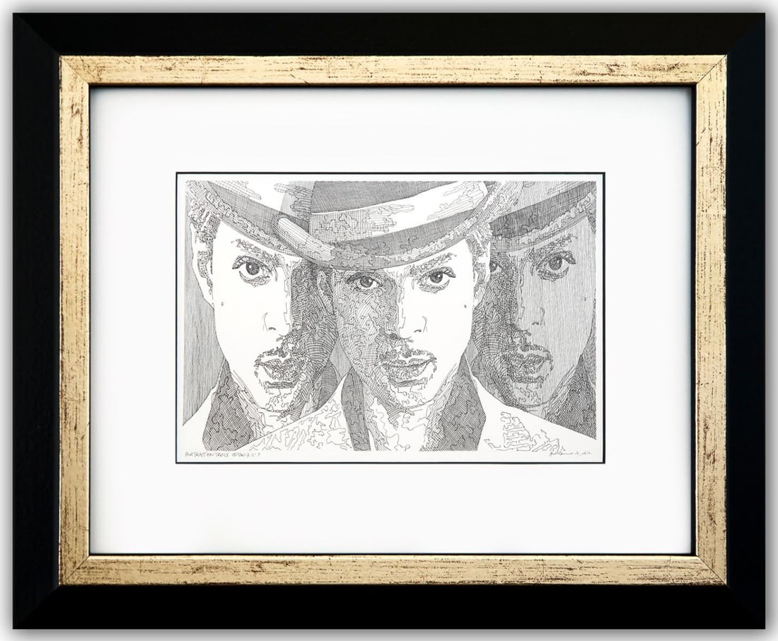 Guillaume Azoulay- Original Drawing on Paper "portrait en trois ( Prince)": Artist: Guillaume Azoulay. Medium: Original Drawing on Paper. Title: portrait en trois ( Prince). Size: 11" x 16". Measures approx. 20" x 25" (framed). Signature: Hand Signed by the artist. Certificat