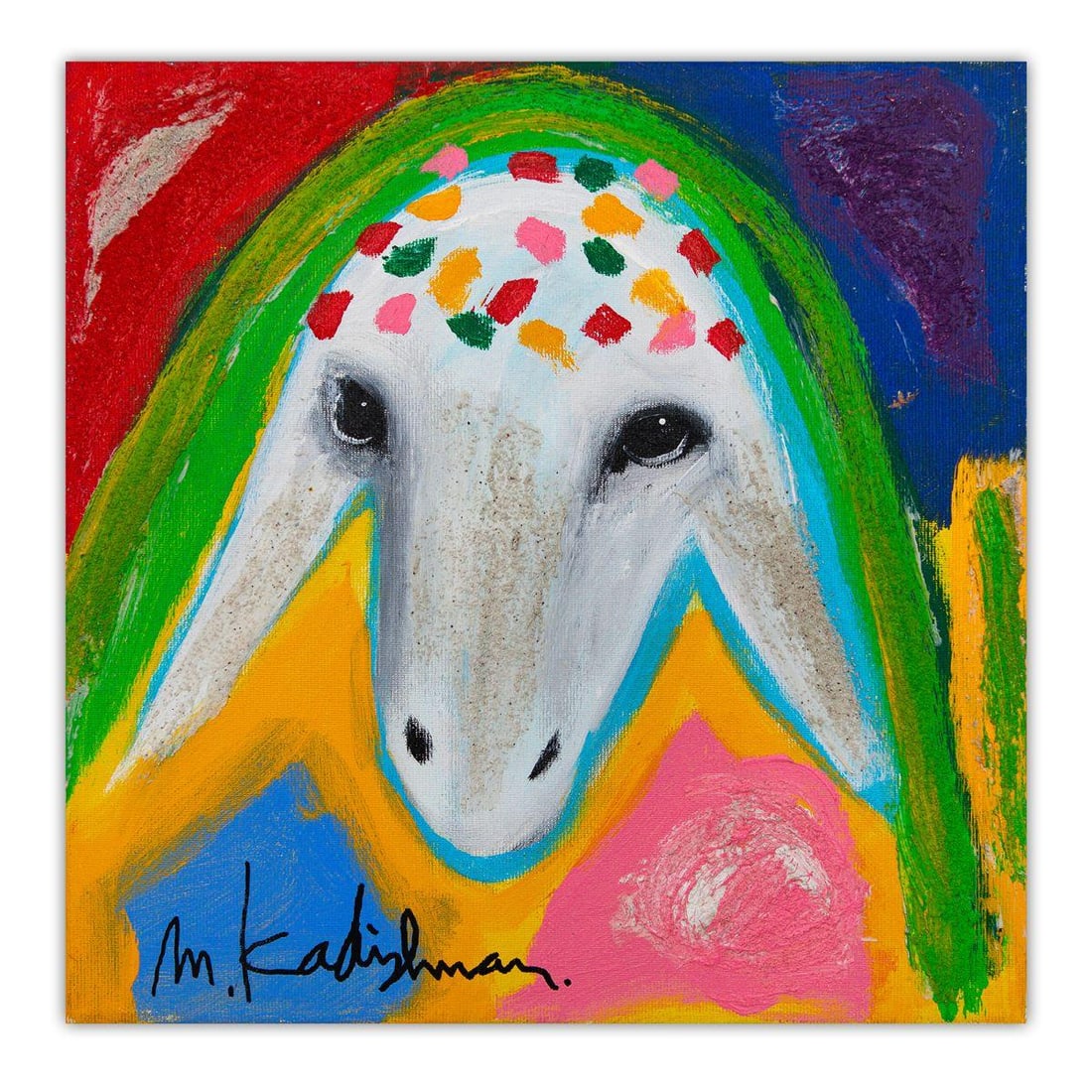 Menashe Kadishman- Original Acrylic on Canvas "Untitled": Artist: Menashe Kadishman. Medium: Original Acrylic on Canvas. Title: Untitled. Size: 12" x 12". Signature: Hand Signed by the artist. Certificate of Authenticity: Is included. Additional: Stretched a