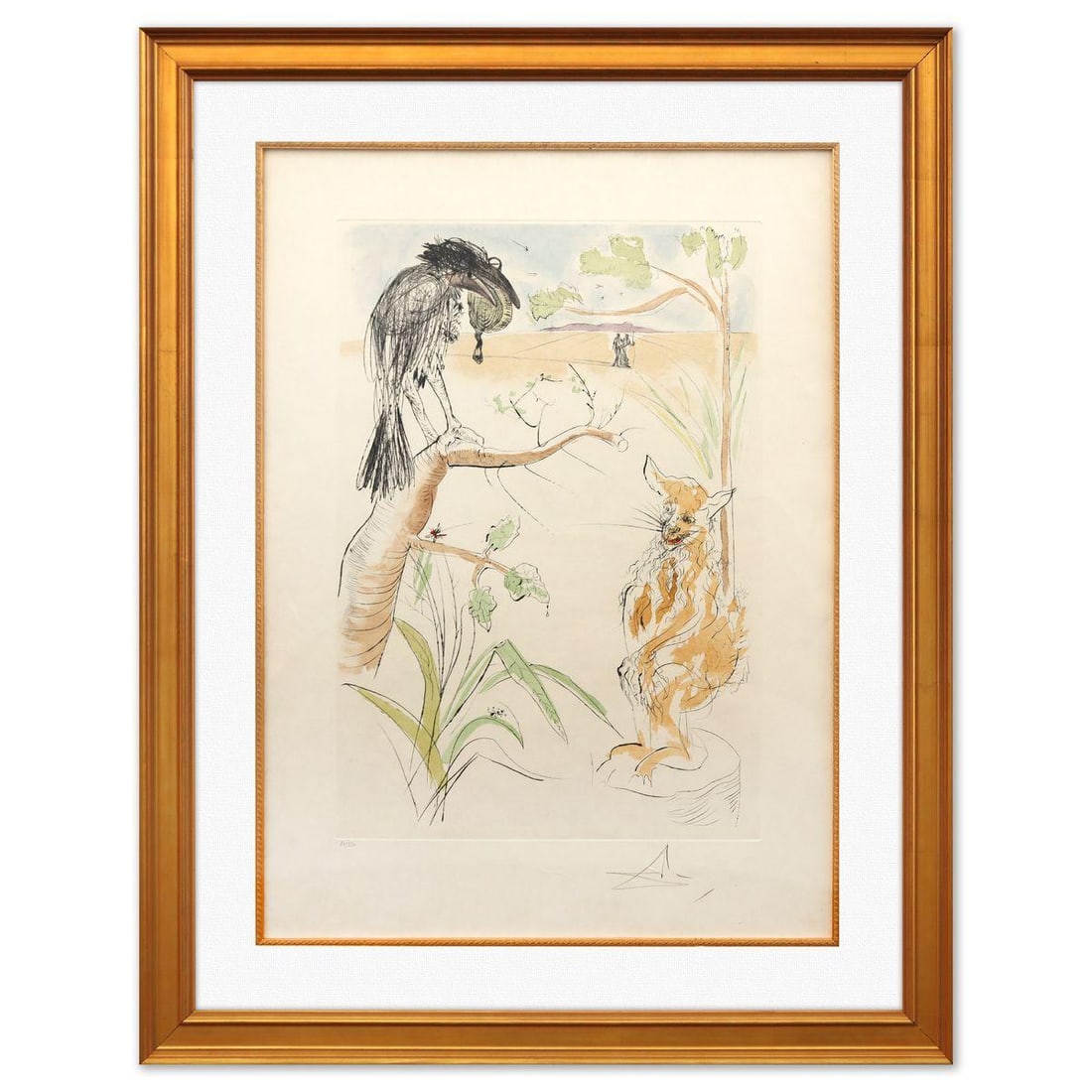 Salvador Dali- Original Lithograph "The Raven and the Fox": Artist: Salvador Dali. Medium: Original Lithograph. Title: The Raven and the Fox. Size: 29" x 21". Measures approx. 39" x 30" (framed). Signature: Hand signed and numbered. Certificate of Authenticity